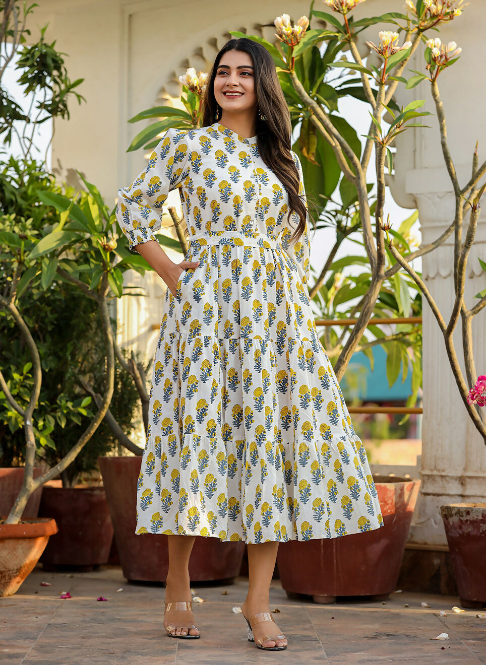 Kaajh Women's White-Yellow Ethnic Floral Hand Block Print Cotton Dress