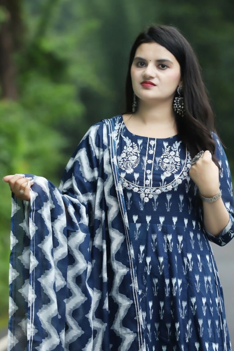 Alvano Anarkali Kurti with Pant and Dupatta set for Women and Girls Printed Cotton (Blue)