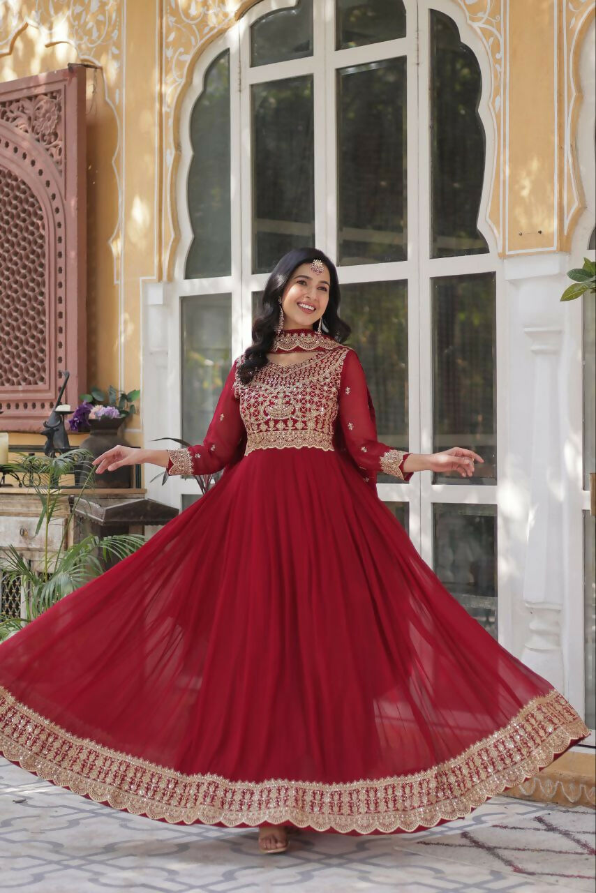 Vastranavya Faux Blooming with Embroidery Zari Sequins-work Gown & Dupatta - Maroon