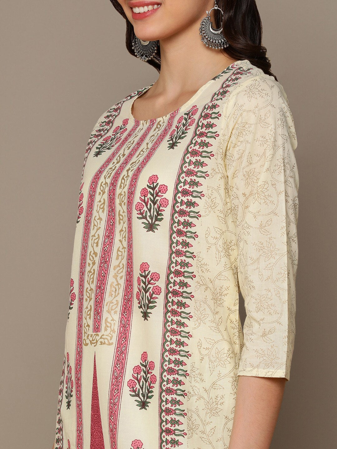 HERE&NOW Cream-Color & Pink Floral Printed Straight Kurta