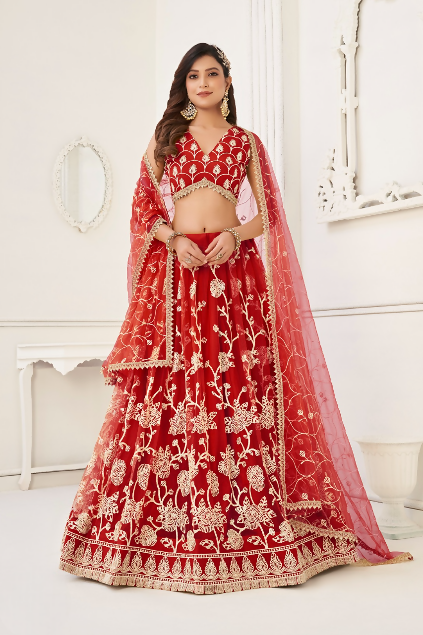 Eilara Women'S Red Butterfly Net With Sequins And Embroidery Work Lehenga Choli For Wedding