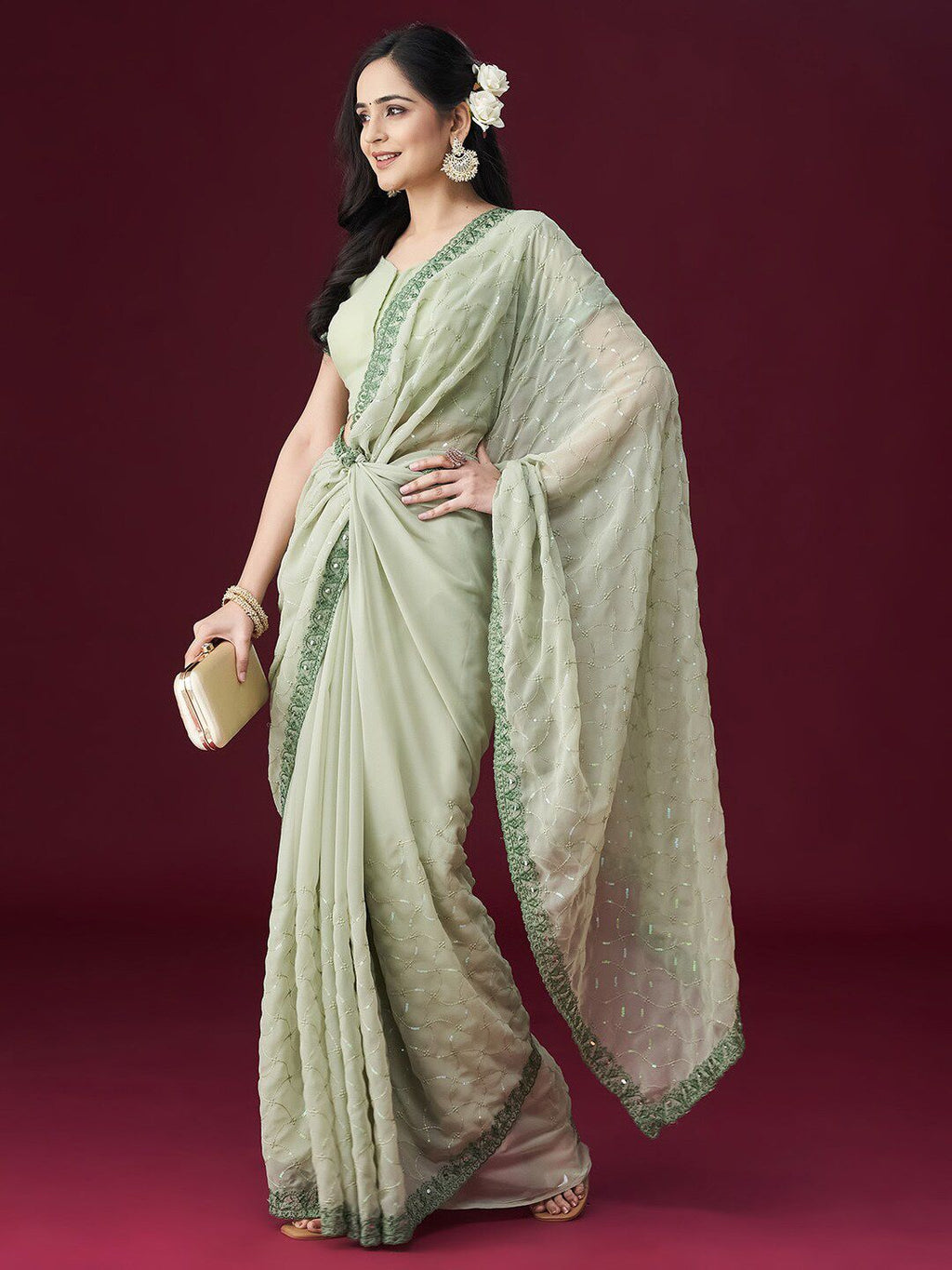 kasee Floral Embroidered Embellished Mirror Work Saree