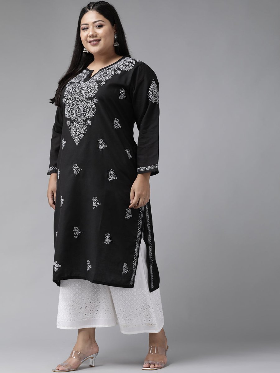 ADA Women Plus Size Black & White Chikankari Hand Embroidered Sustainable Straight Kurta