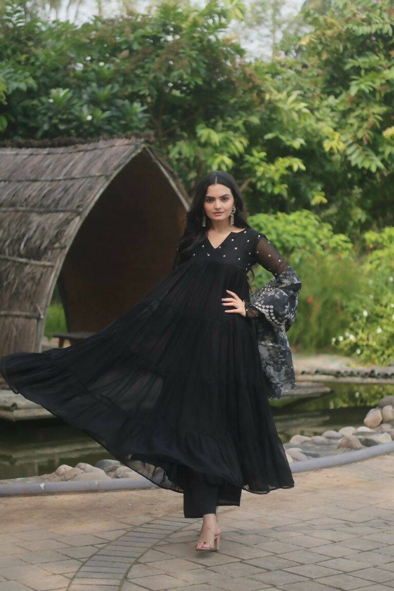 Jyoti Fashion Women's Black Faux Blooming Butti Work Kurta with Trouser & Dupatta