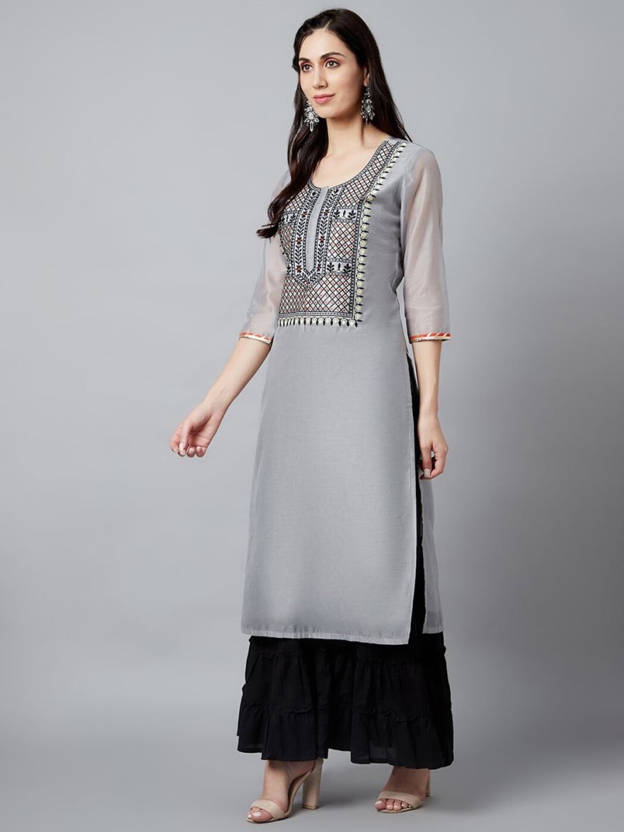 Aks Ethnic Motifs Yoke Design Thread Work Chanderi Silk Kurta