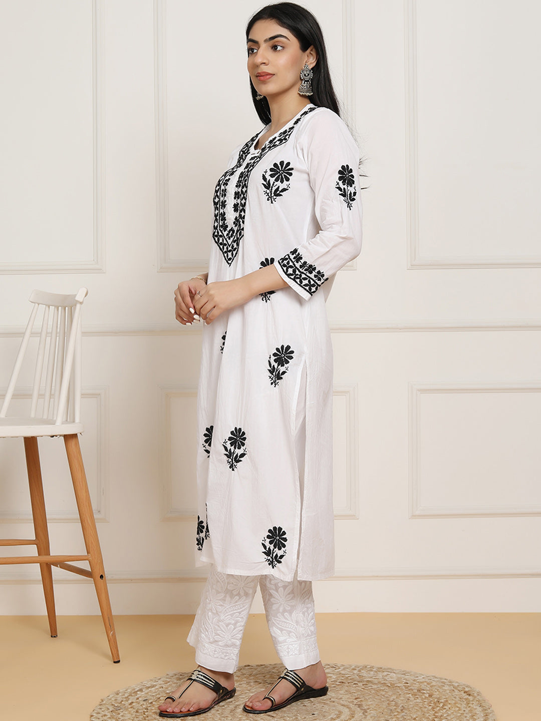 HOUSE OF KARI Women Ethnic Motifs Embroidered Regular Chikankari Pure Cotton Kurta with Trousers