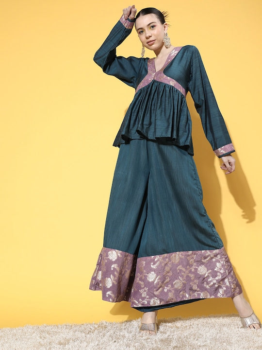 InWeave Women's Teal Mauve Brocade Mughal Shaan Kurta Palazzo Set