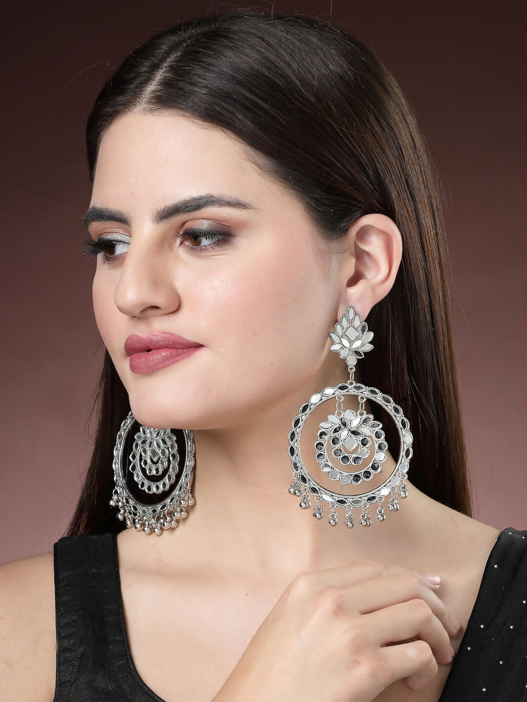 NVR Women's Silver-Toned Mirror Work Oxidised Contemporary Drop Earrings