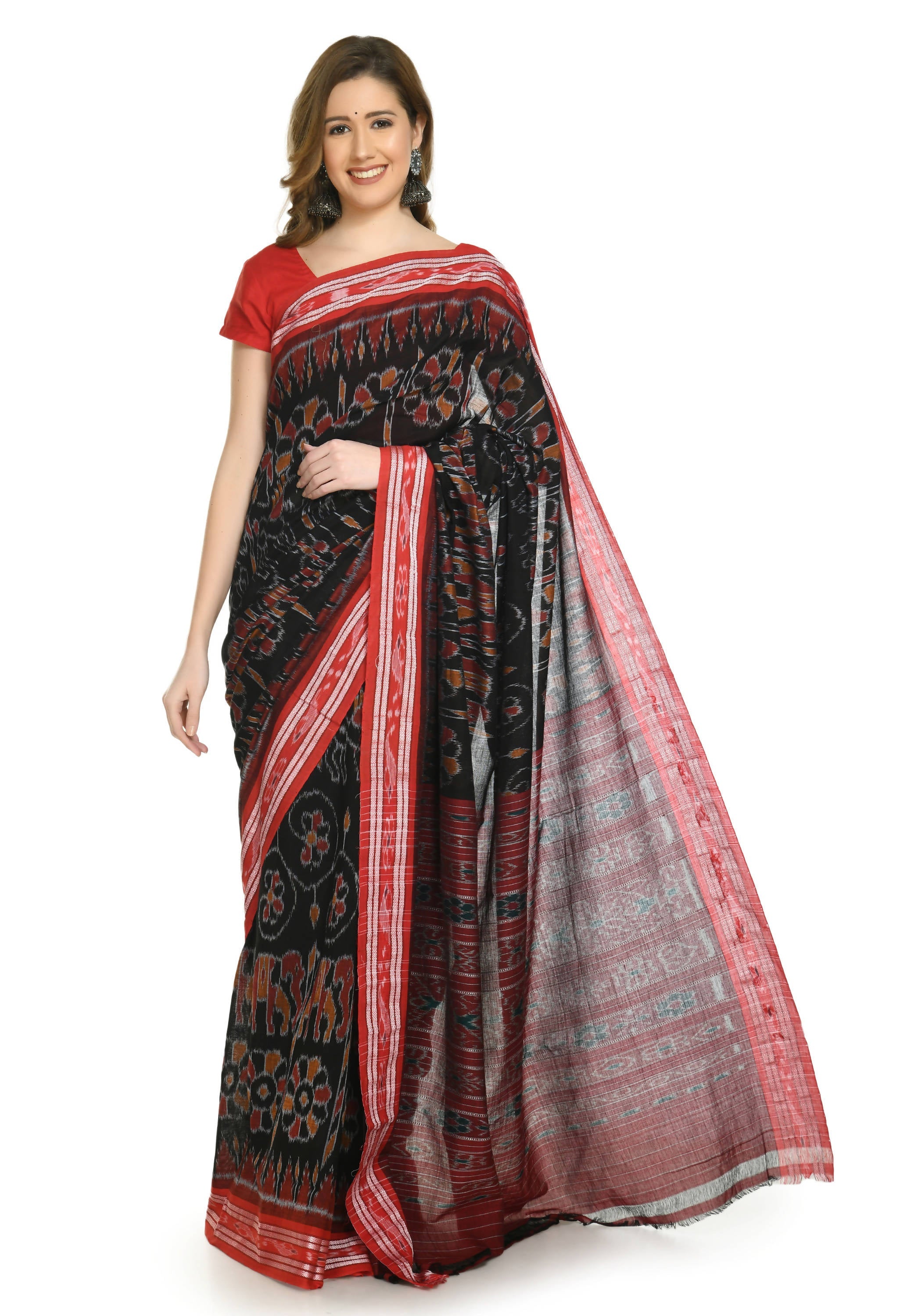 Vamika Sambalpuri Ikat Cotton Dehabandha Tribal Maroon & Orange Saree