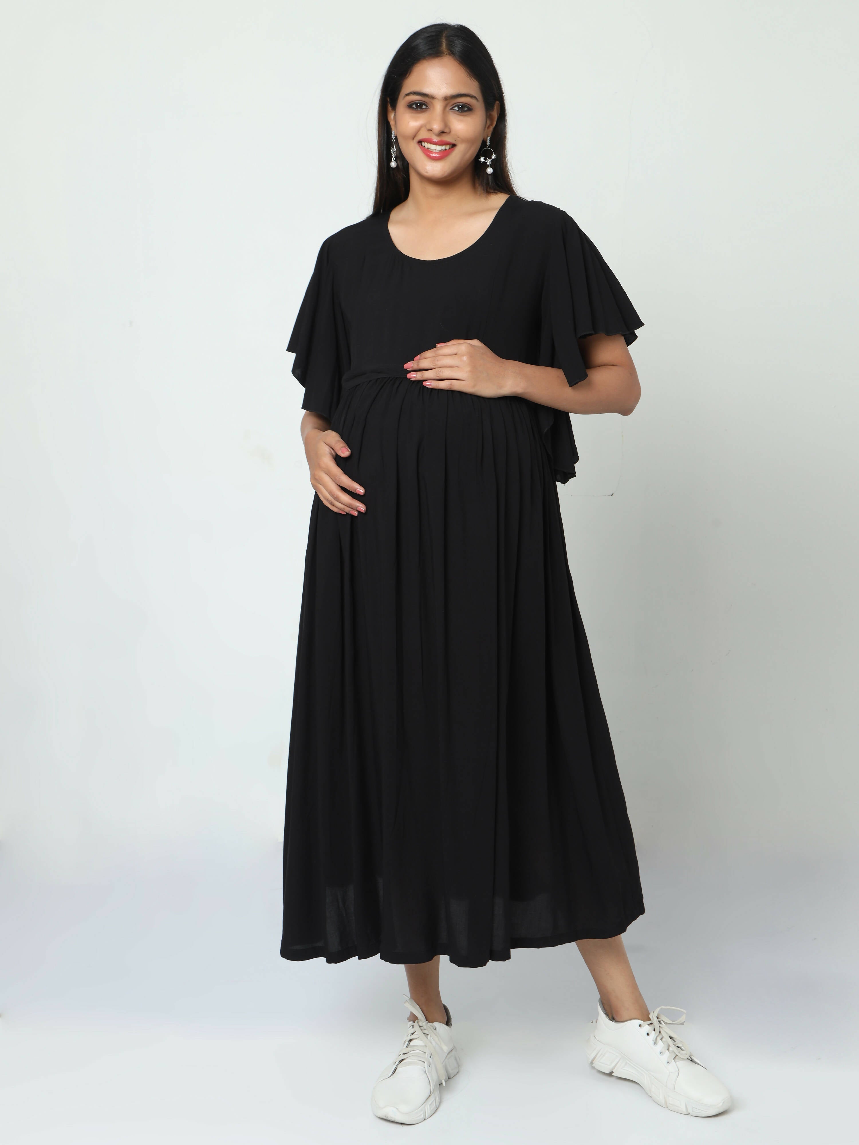 Manet Maternity Frill Slevee Solid Dress With Concealed Zipper Nursing Access - Black