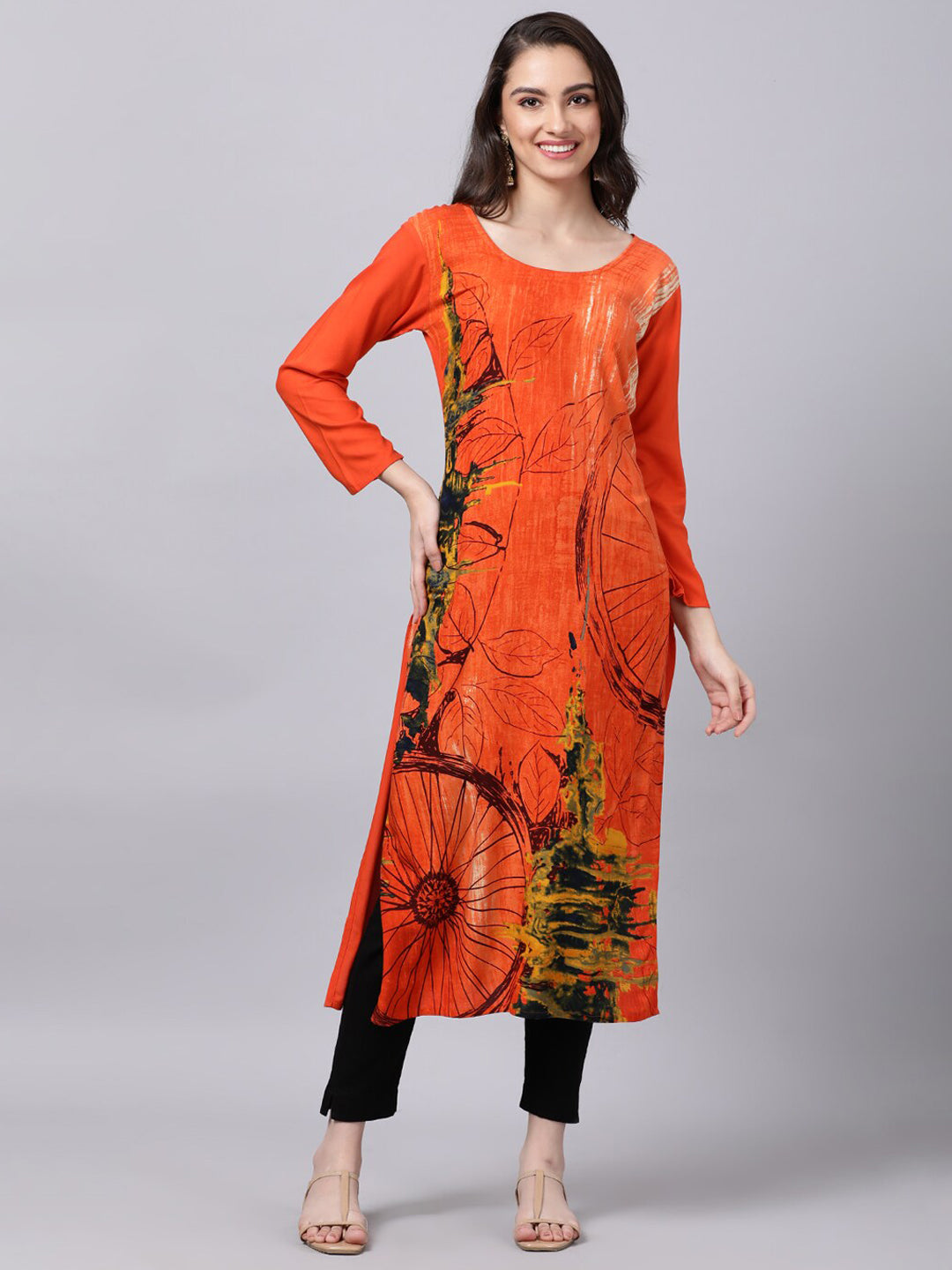 Souchii Women Orange Printed Floral Kurta