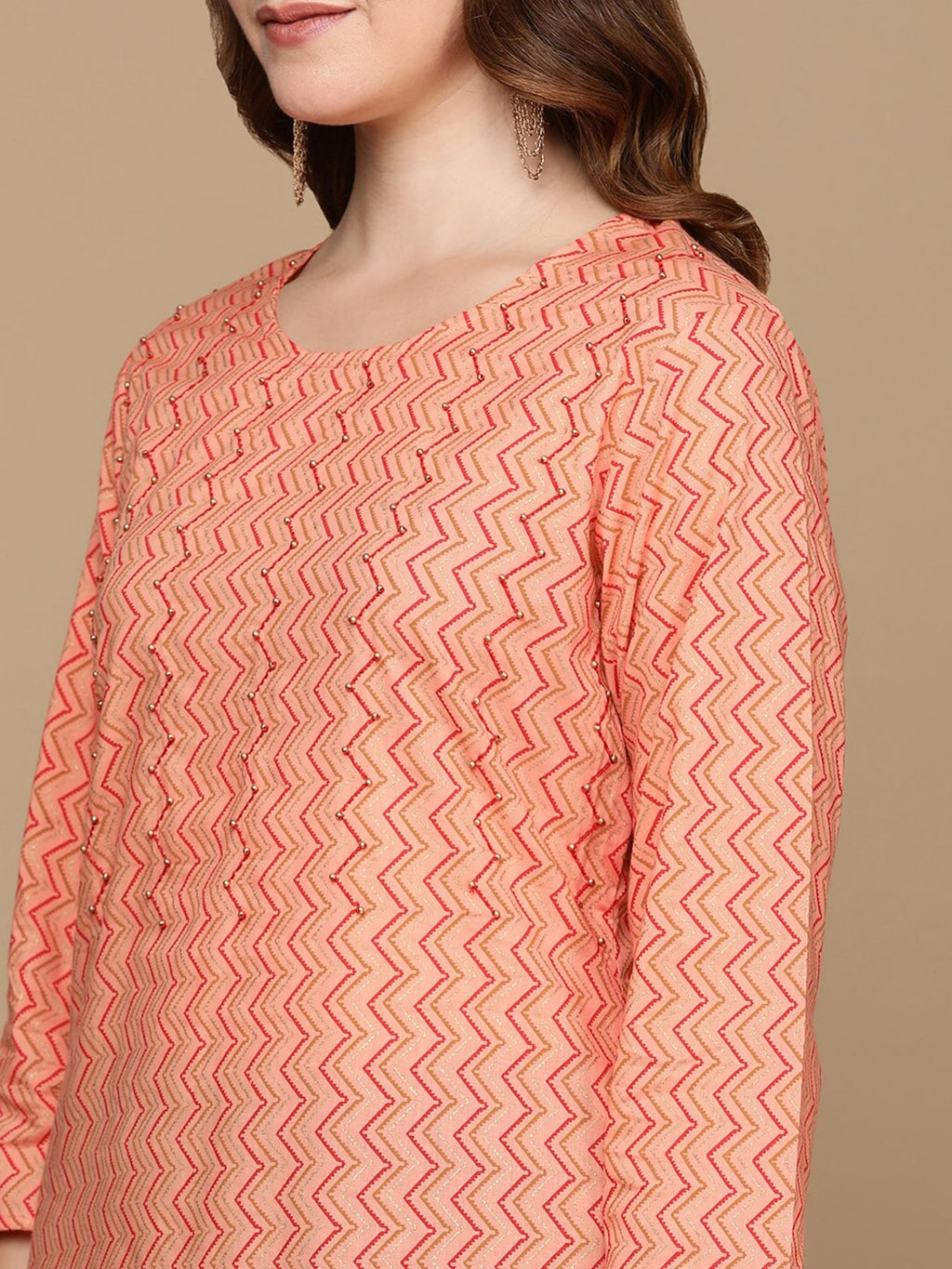 HERE&NOW Peach-Color & Red Chevron Printed Beads Pure Cotton Kurta