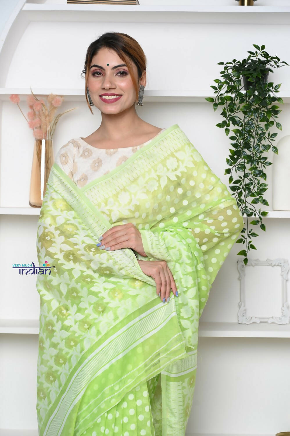 Very Much Indian Jamdhani Cotton Saree - Pista Green
