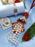 NVR Women & Men Set of 2 White Pearl Bhaiya Bhabhi Rakhi With Roli Chawal & Chocolate