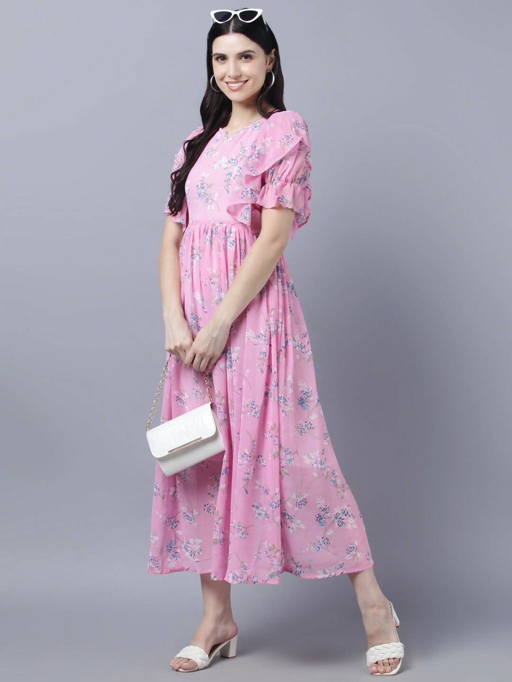 Myshka Women Pink Printed Fit and Flare Dress