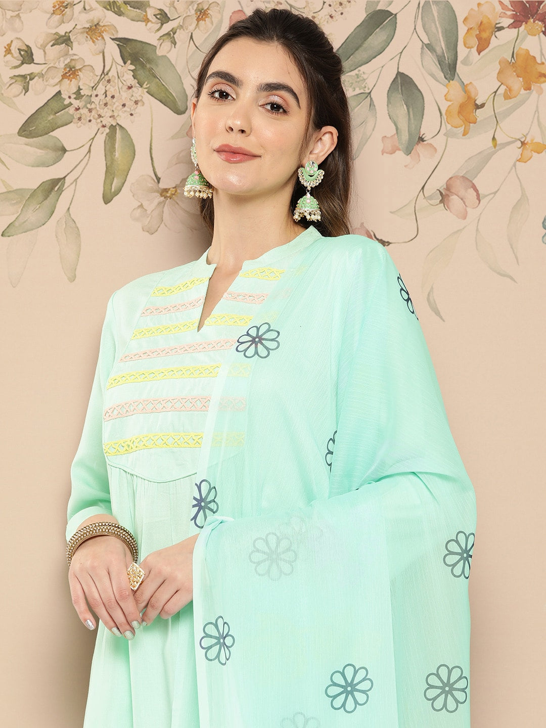 HERE&NOW Women Yoke Design Kurta with Trousers & Dupatta