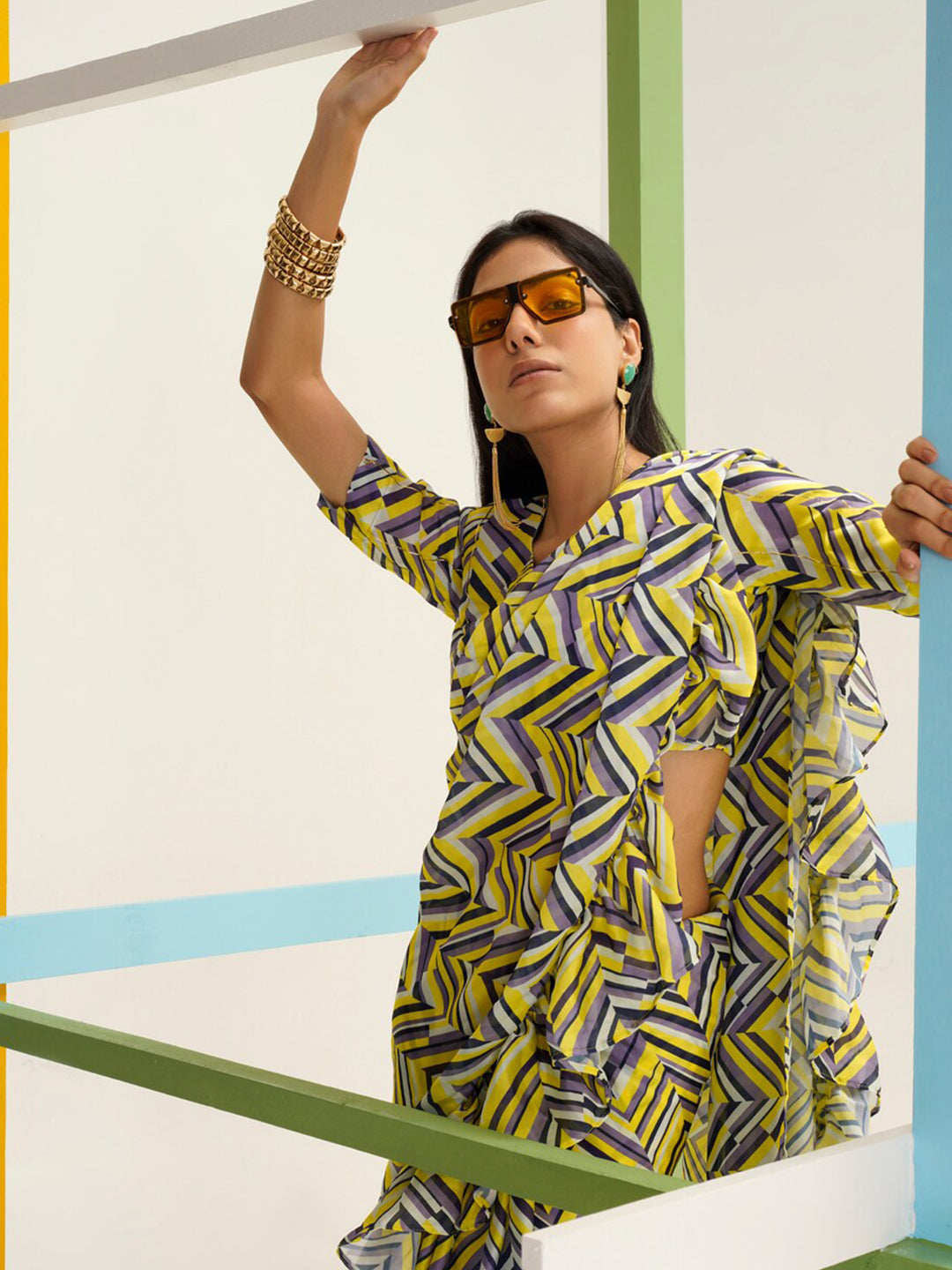 Tikhi Imli Geometric Digital Printed Ruffled Ready to Wear Saree