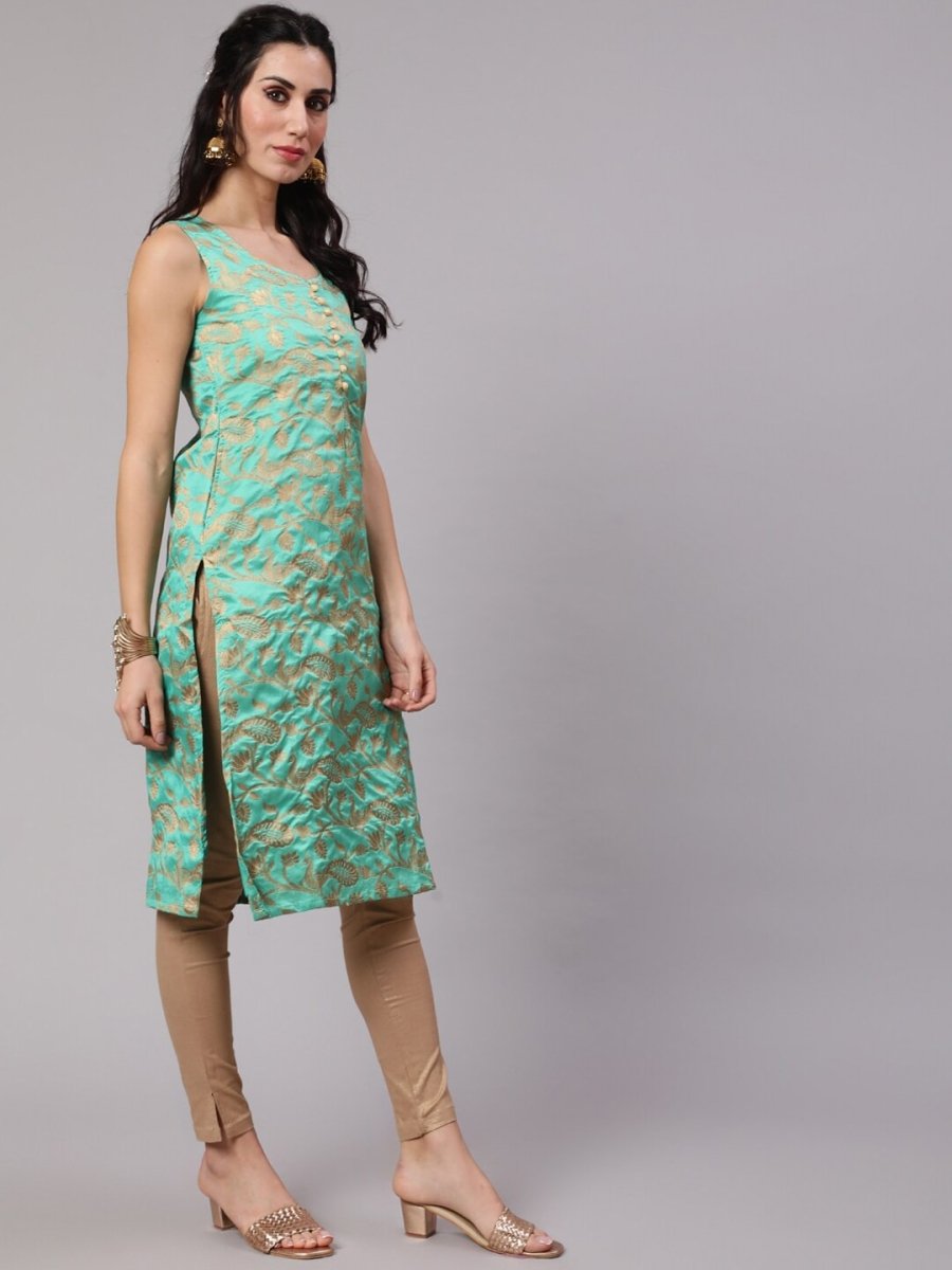 Aks Woven Design Round Neck Straight Kurta