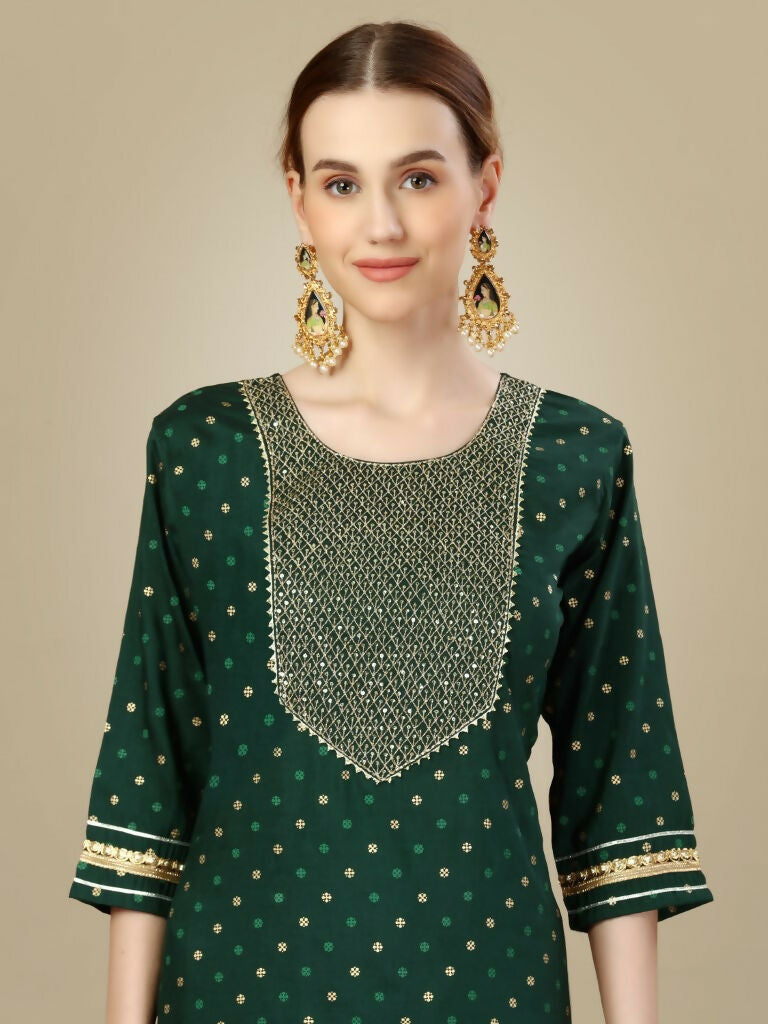 Jyoti Fashion Women's Dark Green Silk Blend Embroidery & Sequence work Kurta with Trouser & Dupatta