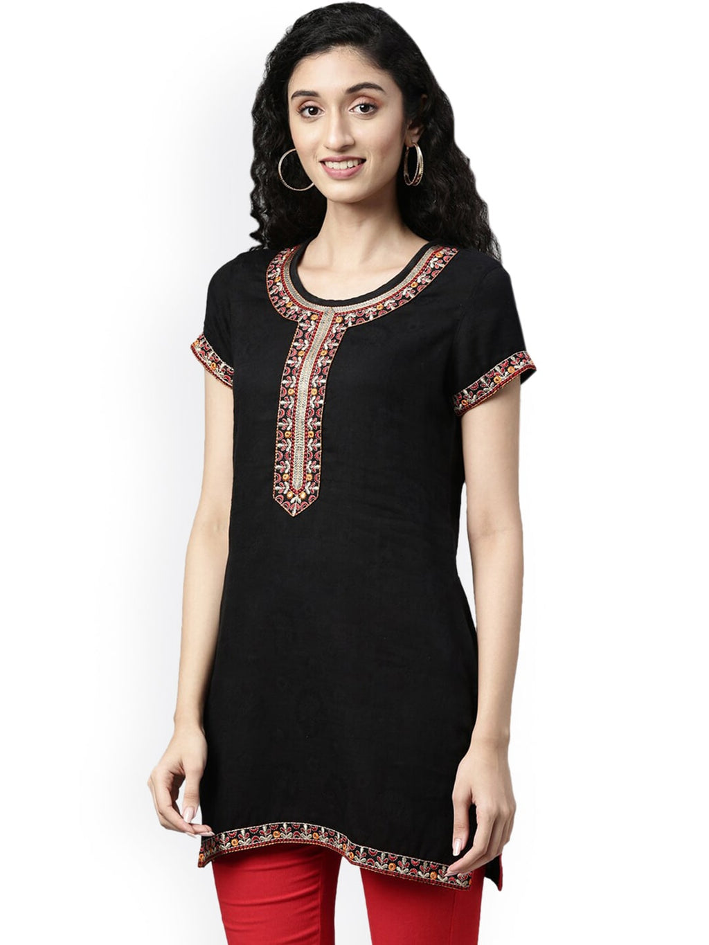 Souchii Black Embroidered Mirror Work Kurti