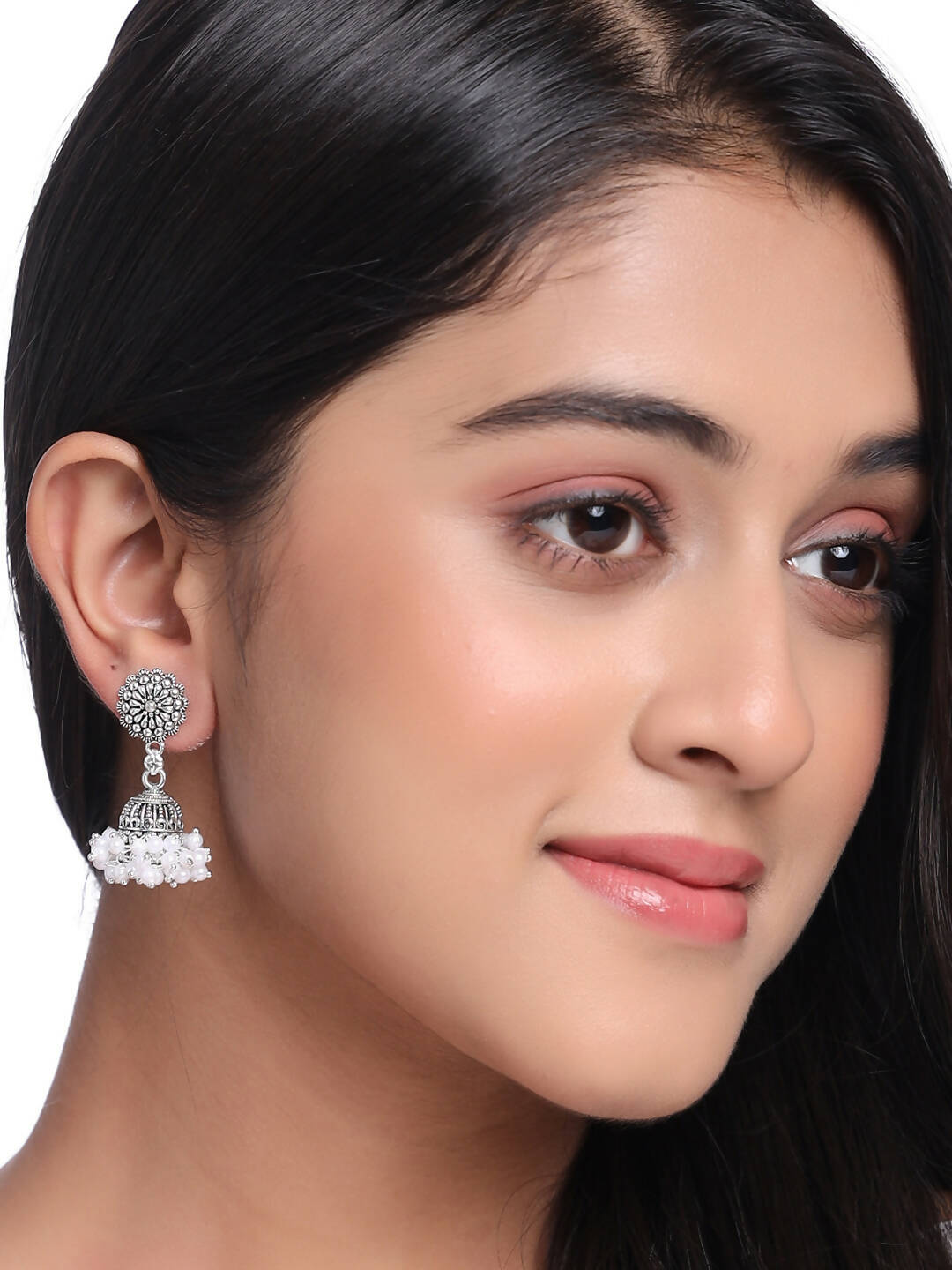 NVR Women Silver Toned Dome Shaped Jhumkas Earrings
