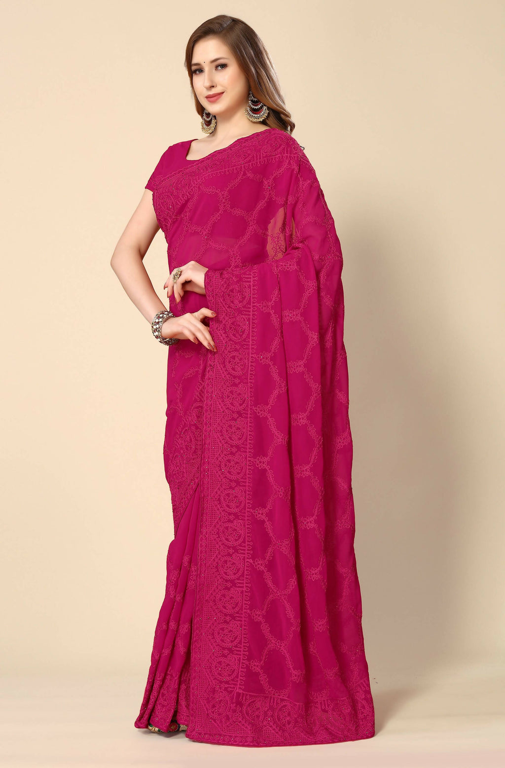 Pink Georgette Embroidered and Stone Work Saree with Unstitched Blouse Piece - Roozal