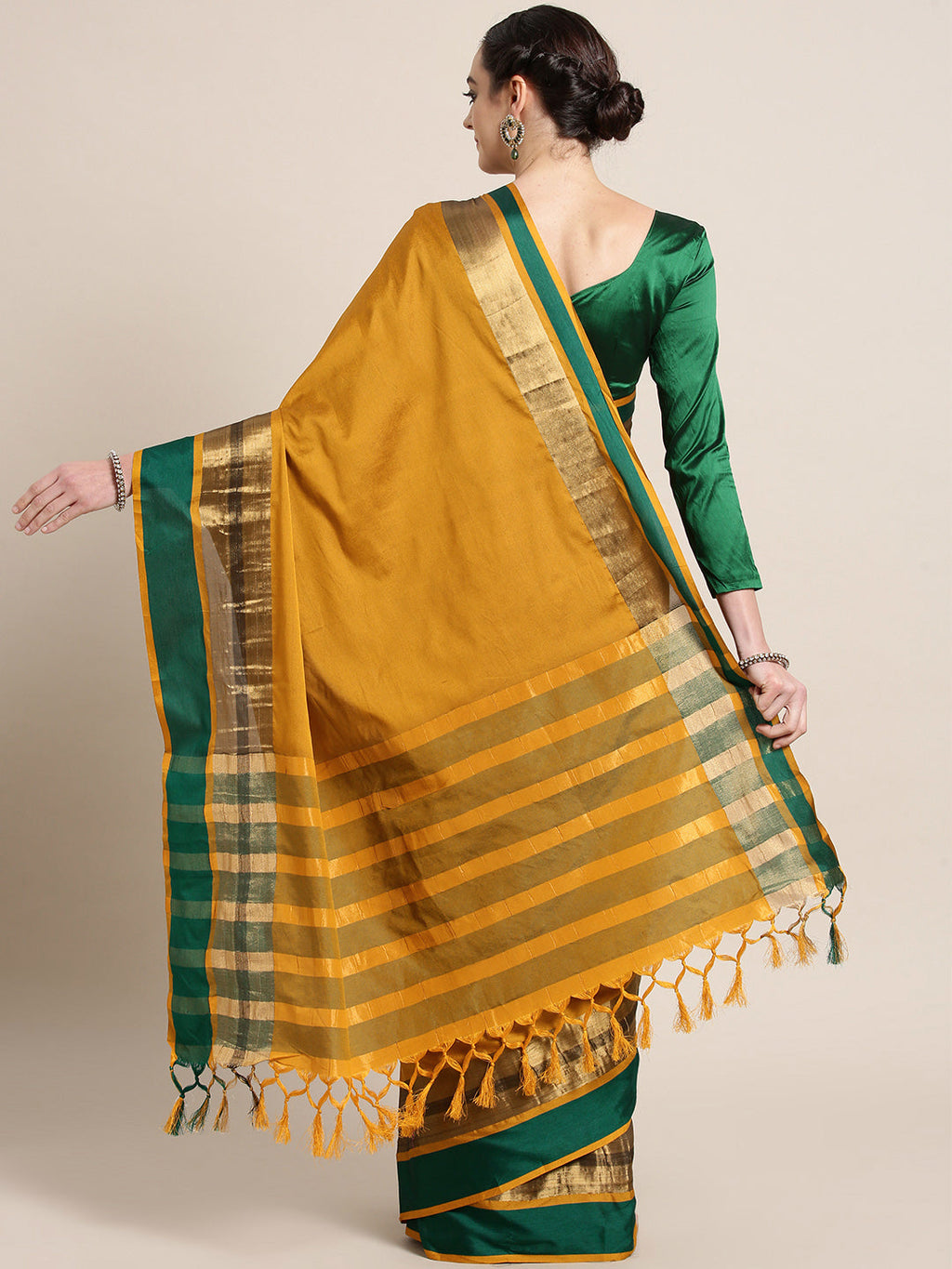 Saree Mall Mustard Yellow & Green Solid Saree