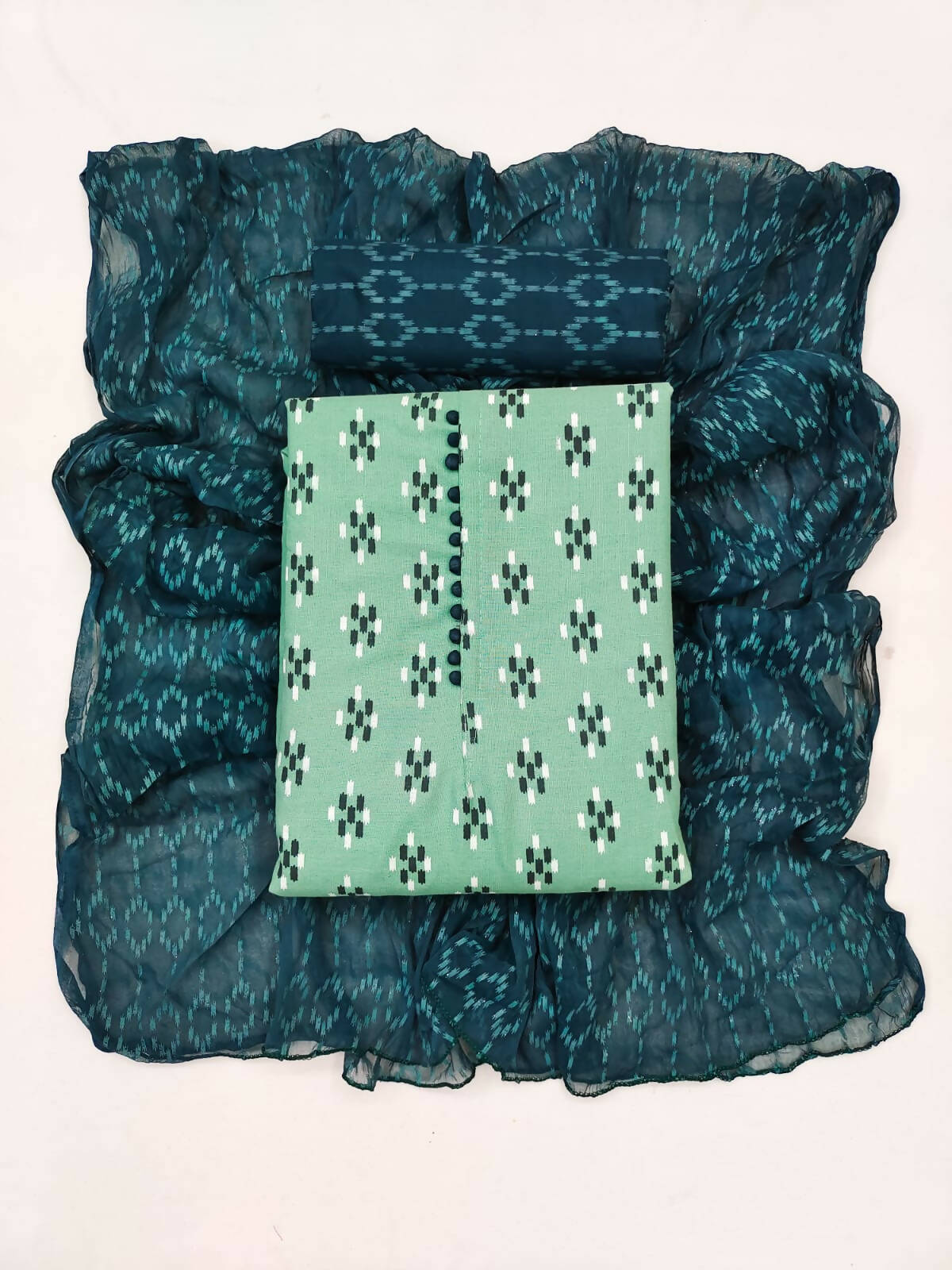 Sea Green Cotton Printed Unstitched Dress Material - Amara