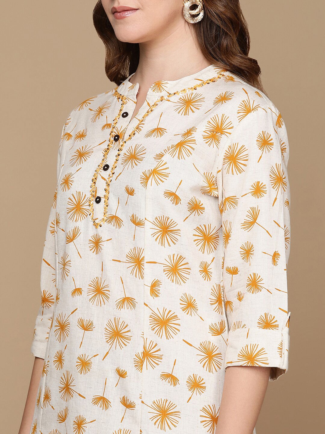 HERE&NOW Off White & Mustard Yellow Floral Printed Thread Work Sequinned Cotton Kurta