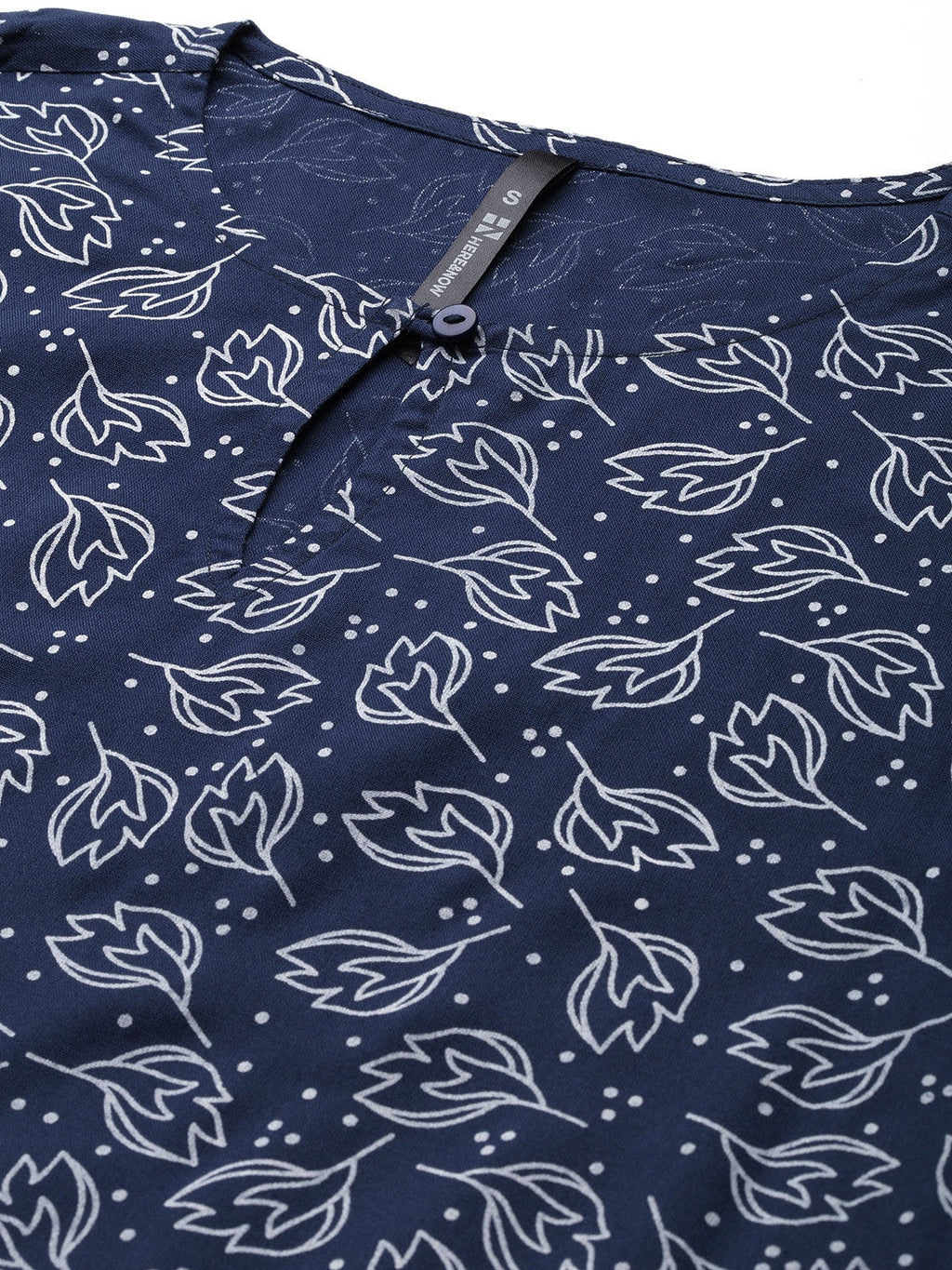 HERE&NOW Women Navy Blue & White Ethnic Motifs Printed Keyhole Neck Kurta