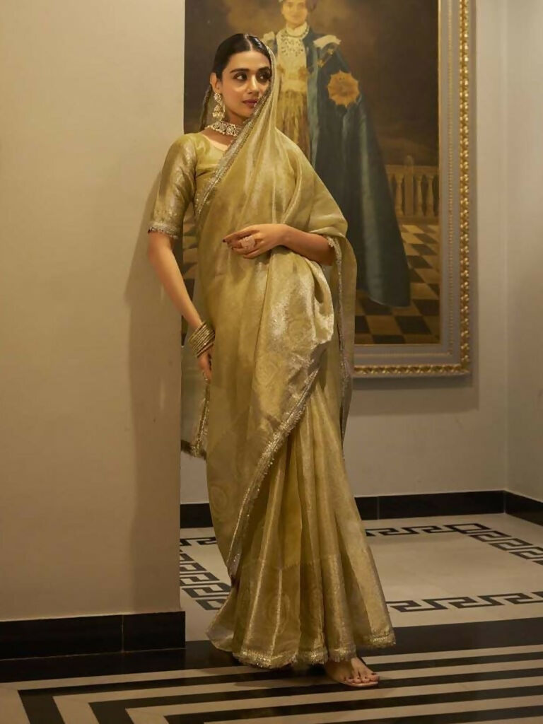 Vastranavya Gold Tissue Shimmer Zari Weaving Work Saree with Unstitched Blouse Gold