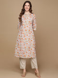 HERE&NOW White & Yellow Floral Printed Sequined Cotton Kurta