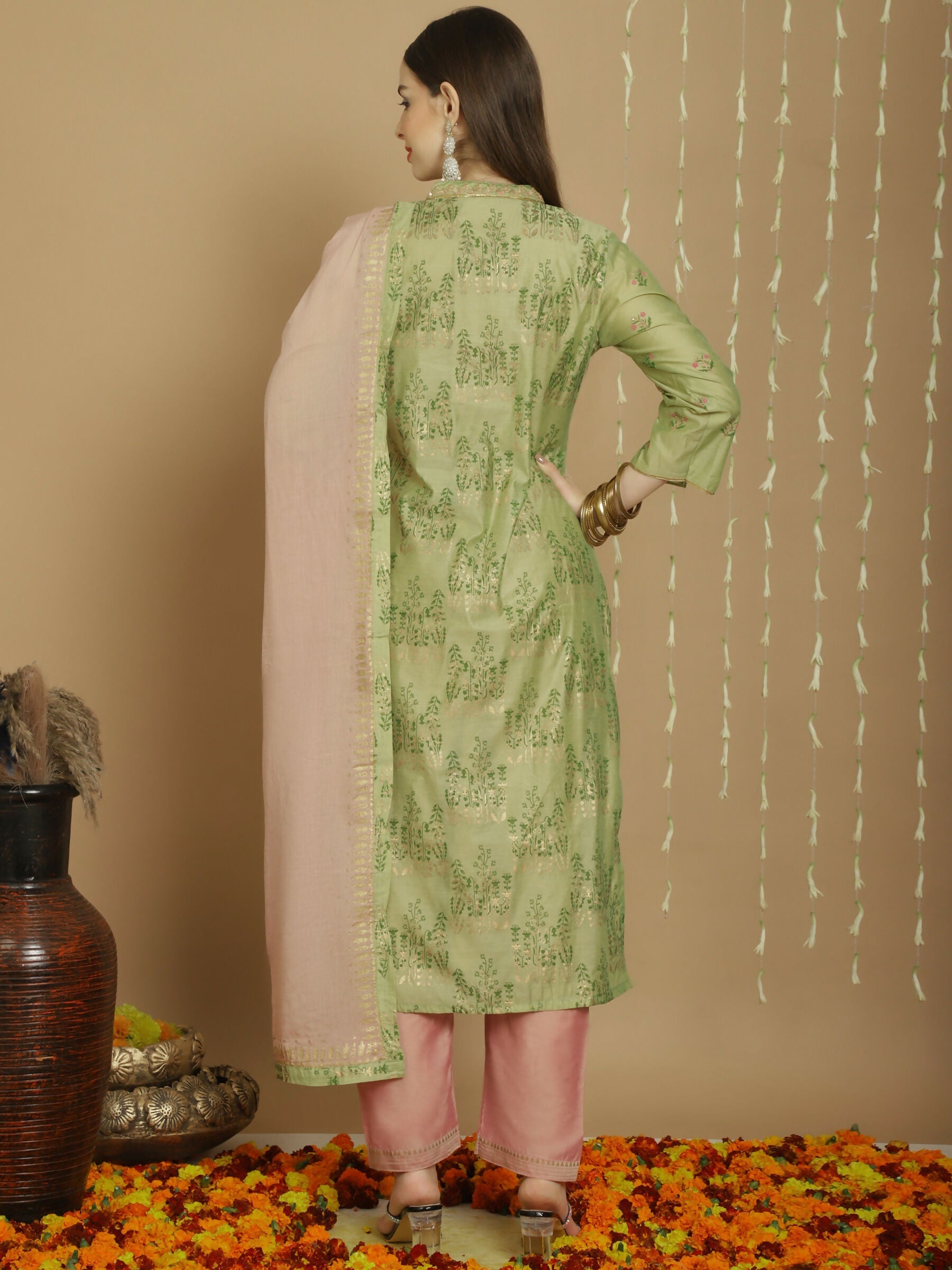 Jyoti Fashion Women's Green Chanderi Silk Elegant Jardoshi Semi Kurta with Trouser & Dupatta