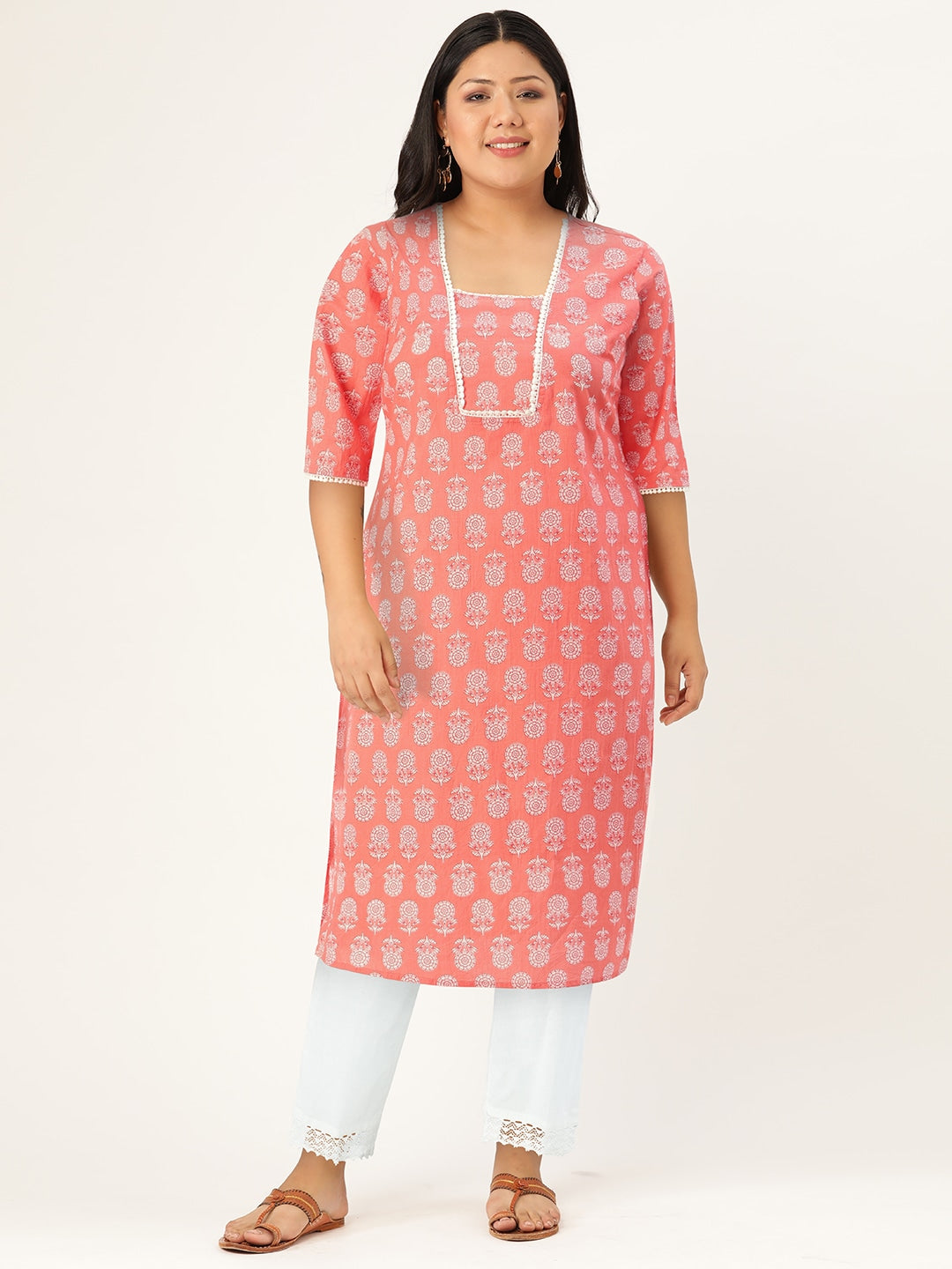 HERE&NOW Pure Cotton Floral Printed Straight Kurta