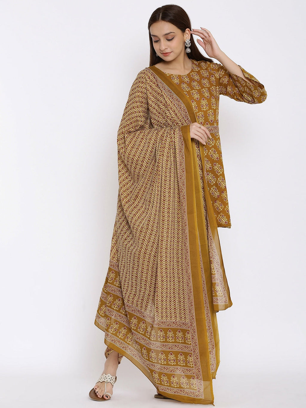 HERE&NOW Mustard Yellow Floral Printed A-Line Kurta with Dhoti Pants & With Dupatta