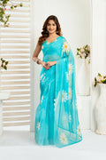 Vastranavya Sky Blue Digital Printed Linen Ready To Wear Designer Saree with Unstitched Blouse