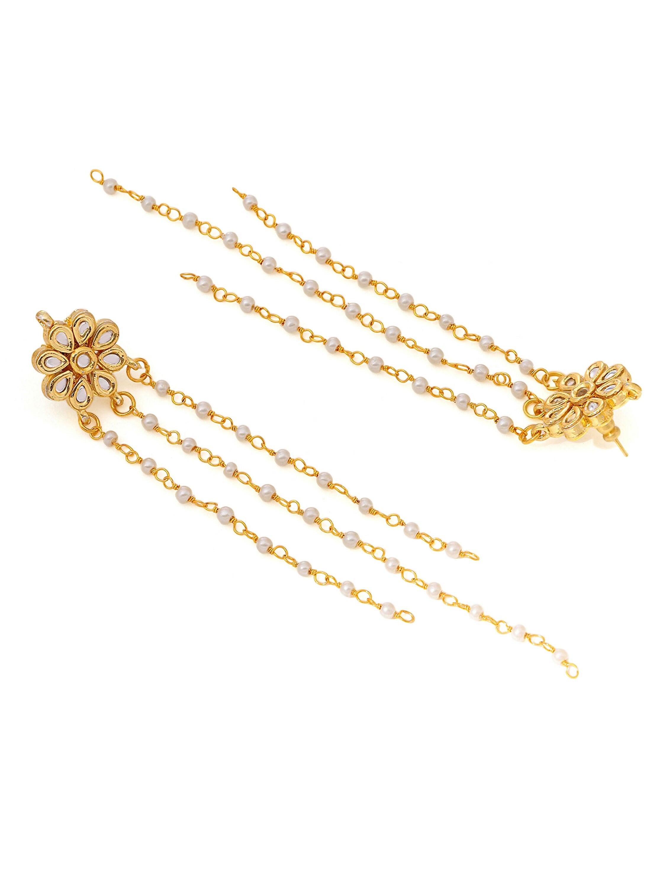 Ruby Raang Gold Long Kundan & Pearl Dangler Earrings
