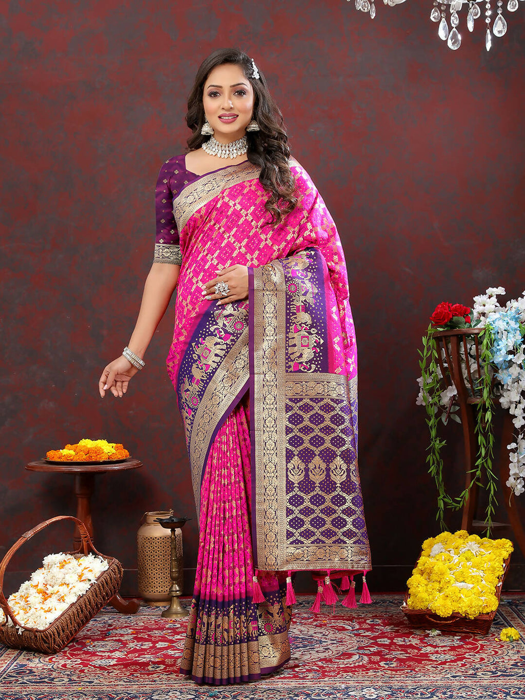 Lorenvalley Fashion Magenta & Wine Patola Silk Woven Design Meenakari Weaving Saree