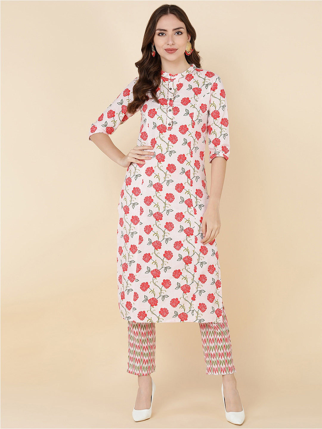 HERE&NOW Women Pink Floral Printed Kurta with Trousers