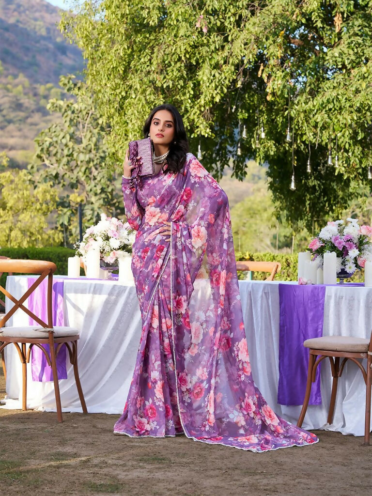 Vastranavya Onion Weightless Marble Printed & Pearl Lace Border Saree with Unstitched Blouse