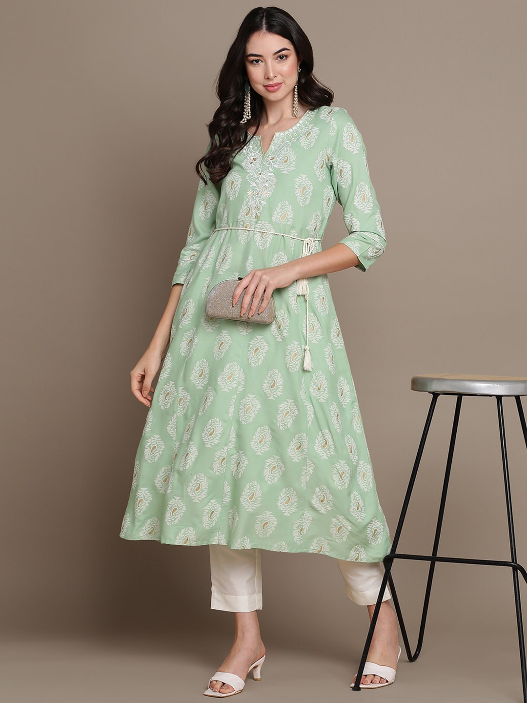 HERE&NOW Embroidered Ethnic Motif Printed Notched Neck A-Line Kurta