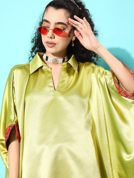 InWeave Women's Olive Red Brocade Satin Boho Kurta Red Palazzo Set