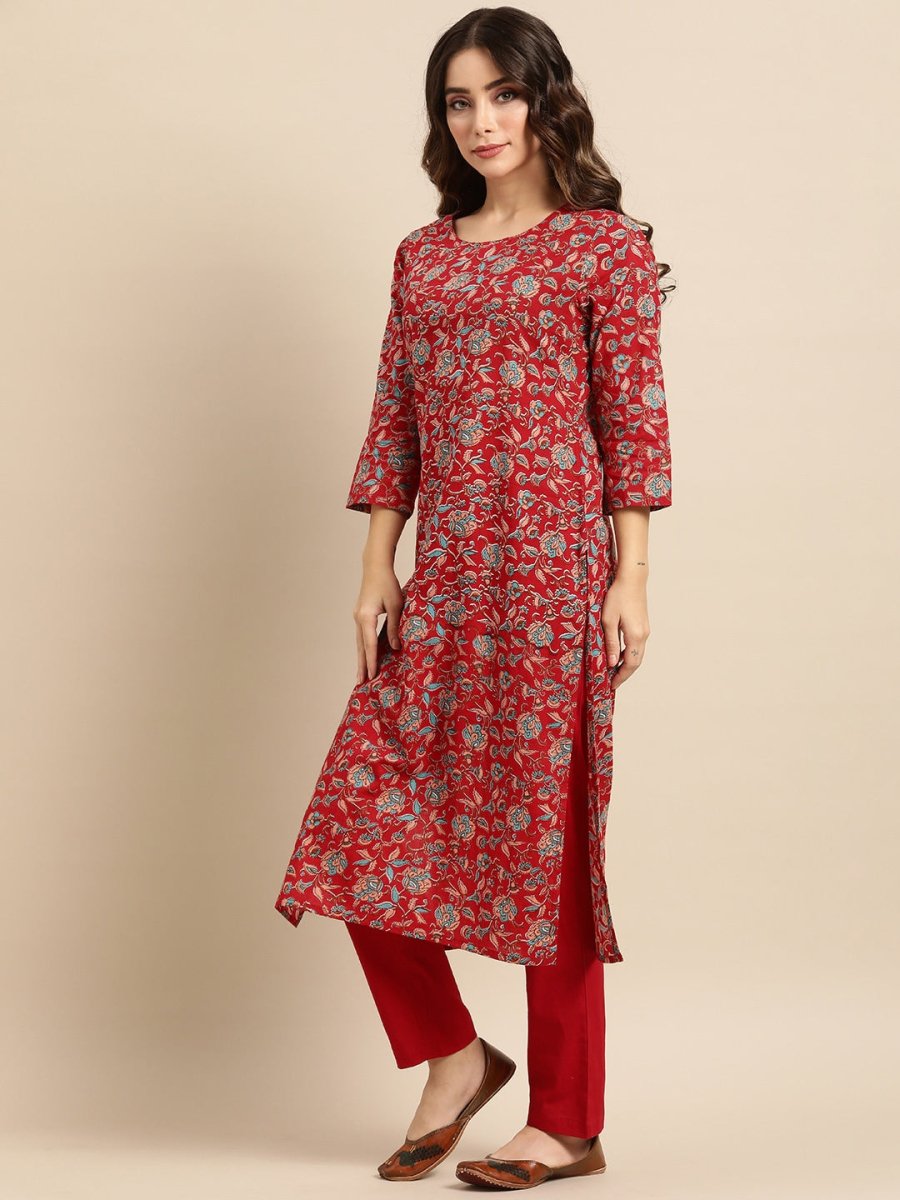 All About You Women Red Floral Printed Pure Cotton Kurta with Trousers