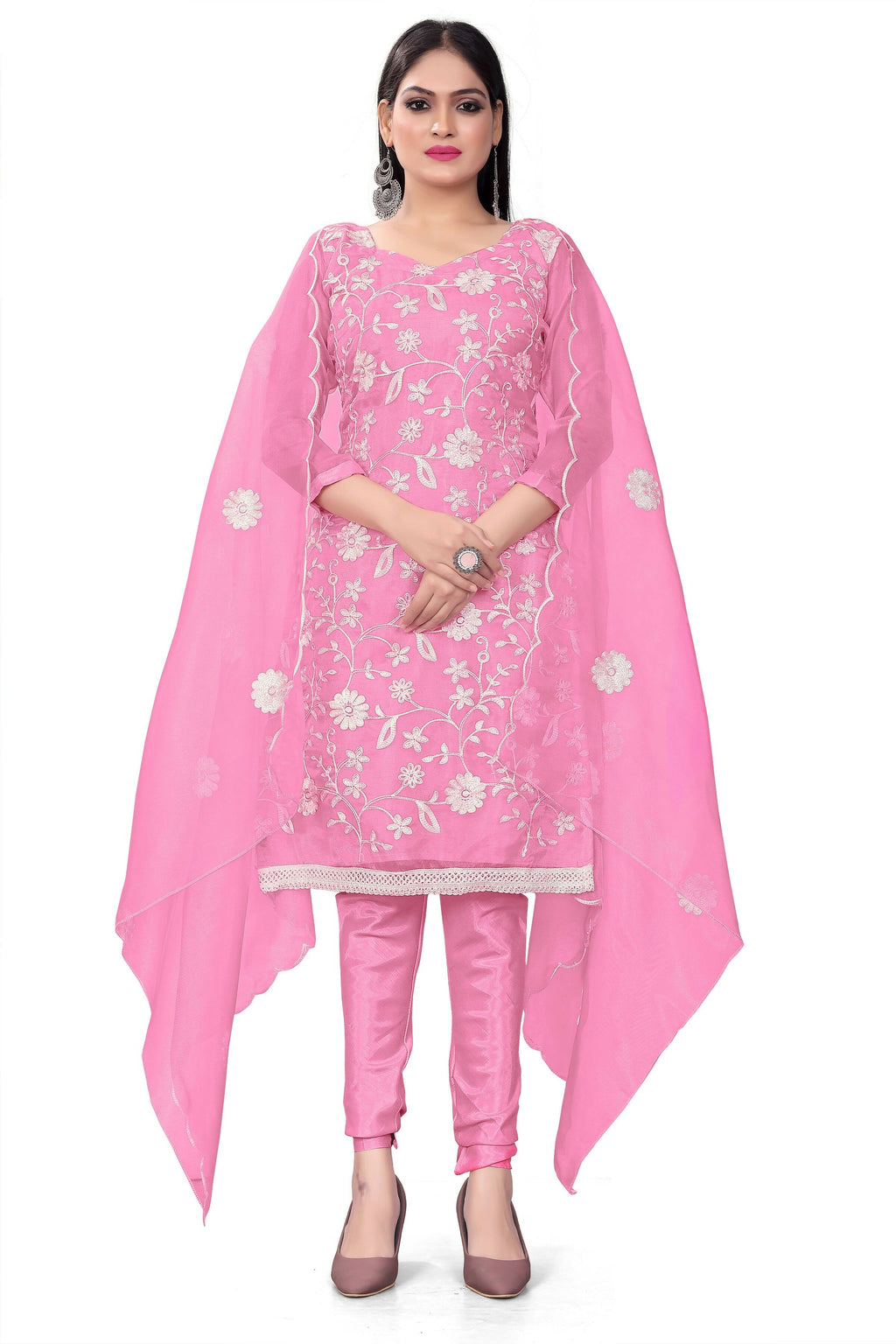 Pink Organza Silk Embroidered Work Unstitched Dress Material - Tanvi