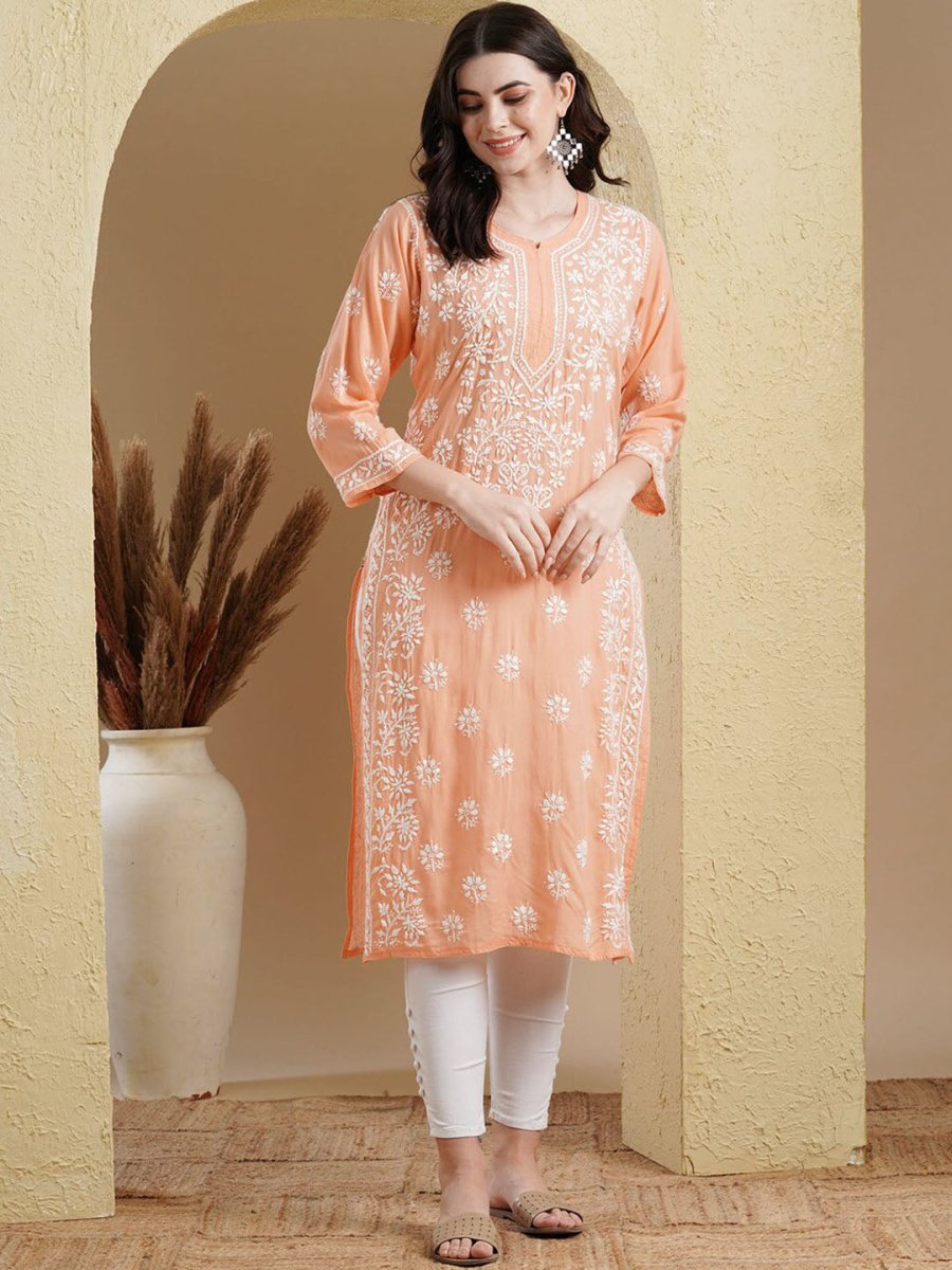 ADA Ethnic Motifs Embroidered Lucknowi Chikankari Detailed Modal Cotton Straight Kurta