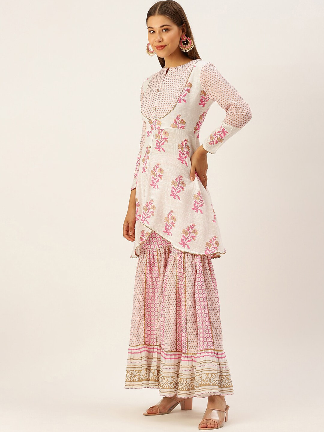 HERE&NOW Women White Floral Printed Kurta with Sharara With Dupatta