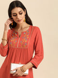 All About You Women Rust Orange Floral Yoke Design Embroidered Thread Work Straight Kurta