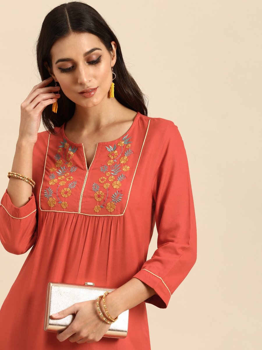 All About You Women Rust Orange Floral Yoke Design Embroidered Thread Work Straight Kurta