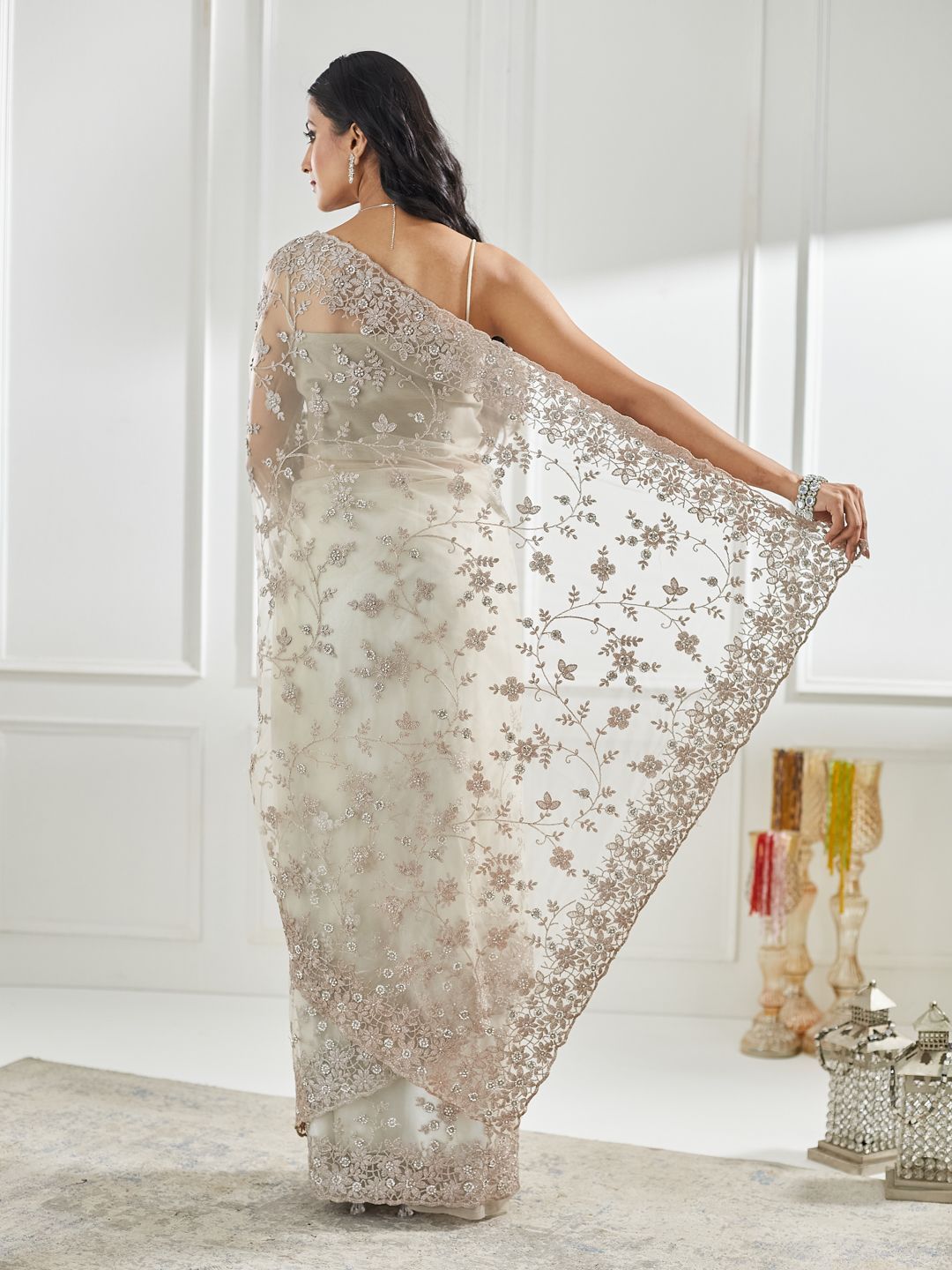 kasee Floral Embellished Beads and Stones Net Saree