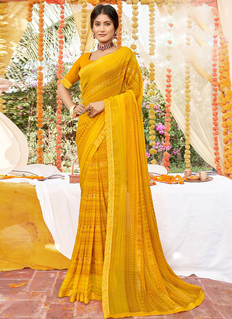 Mustard Georgette Foil Printed Saree with Unstitched Blouse Piece - Avika